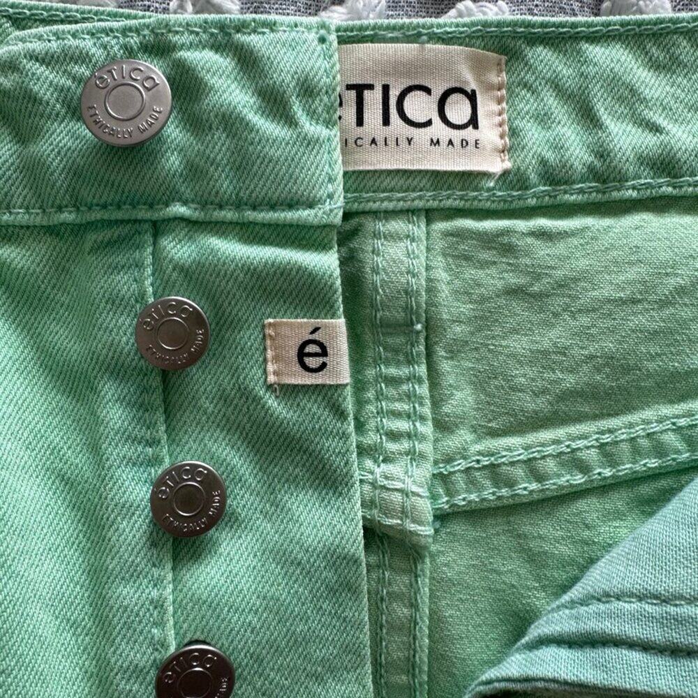 Etica | NWT High Waisted Green Denim Mini Skirt Size 25" - Picture 9 of 11